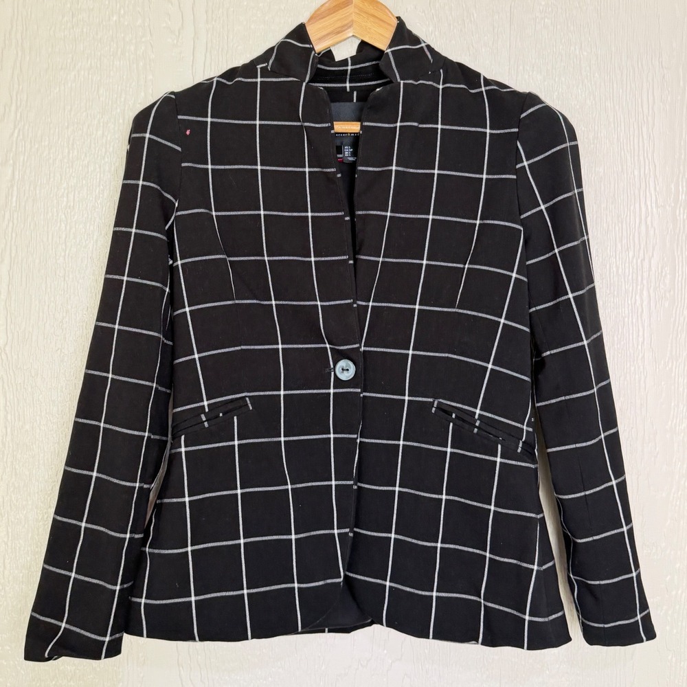Mercer & Madison Womens Black White Windowpane Plaid Single Button Blazer Small